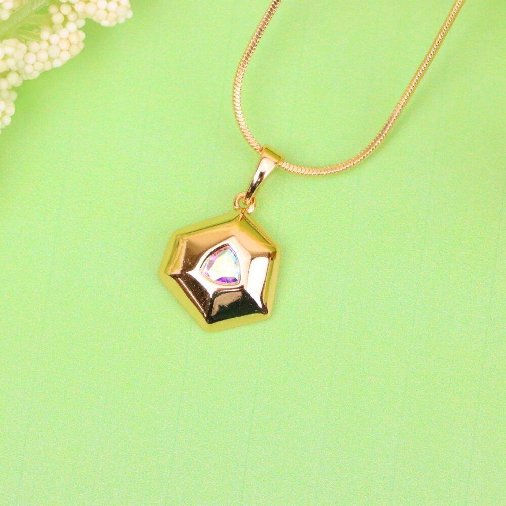 "Gold-Plated Satin White Pendant with Iridescent Center Stone, XPPT1749 - Picture 2 of 13